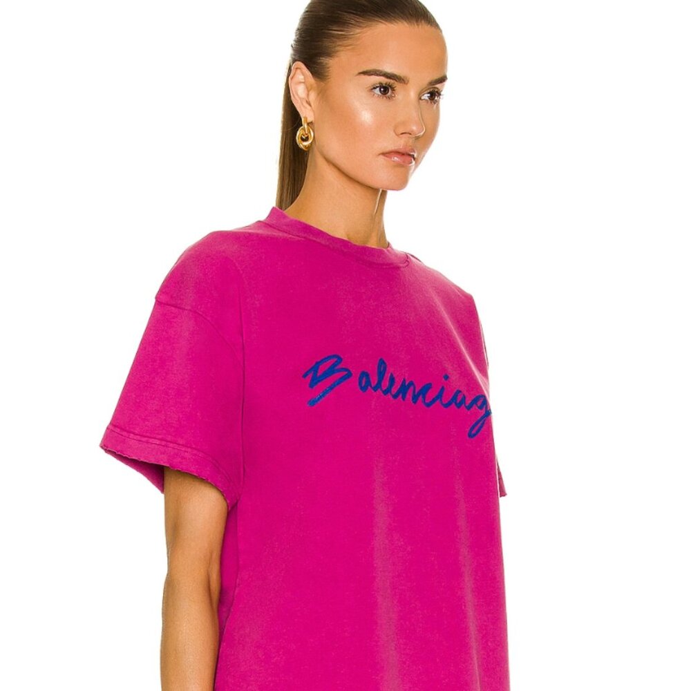 NWT Balenciaga Distressed Oversized Unisex T-Shirt Dark Fuchsia Small Cotton - Picture 3 of 11